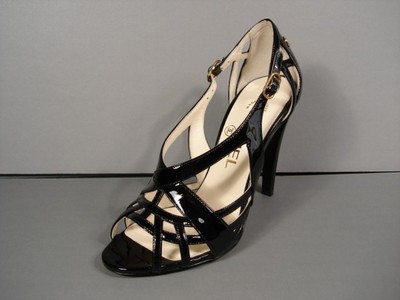 CHANEL BLACK PATENT LEATHER STRAPPY SANDALS HEELS PUMPS GOLD